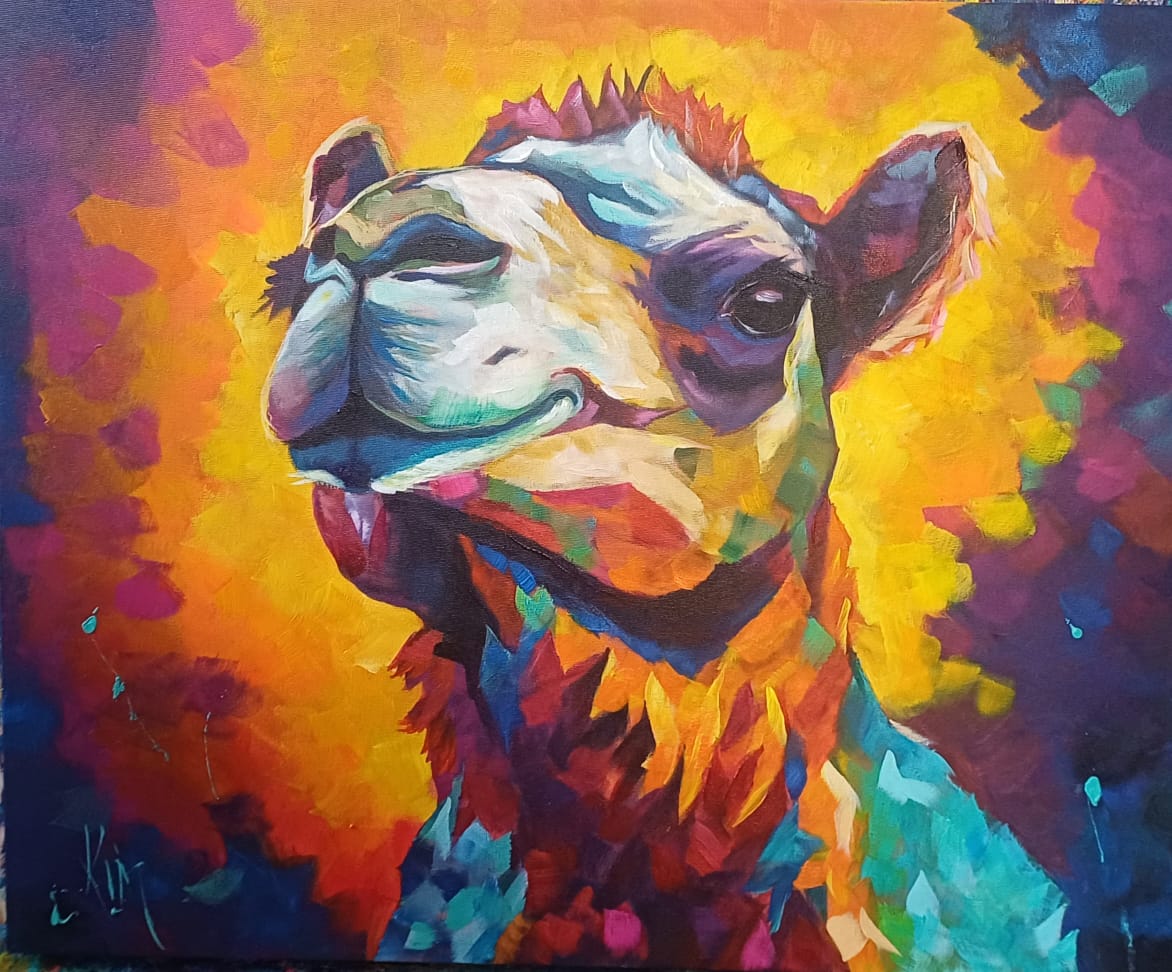 Original painting of a camel against orange and magenta by Kim Bezuidenhout