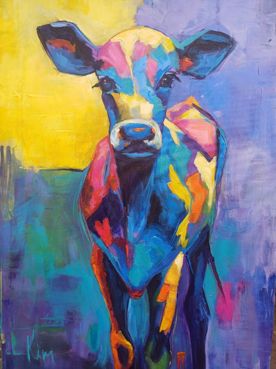Original painting of a blue calf against yellow and purple by Kim Bezuidenhout