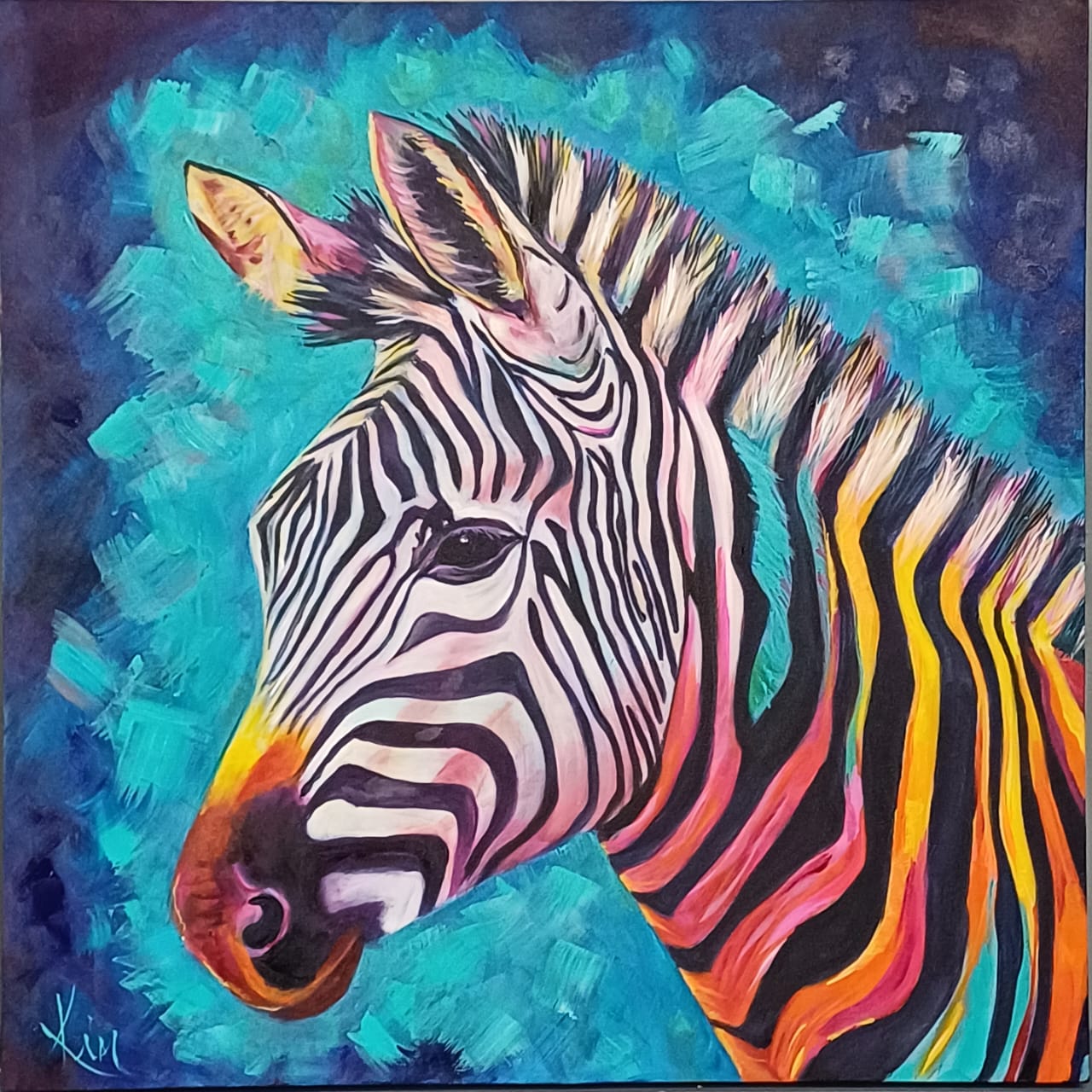 Original painting of a zebra with rainbow-tinted stripes by Kim Bezuidenhout